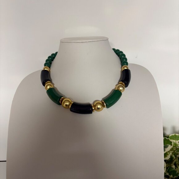 Vintage Green Gold Tone Beaded Statement Necklace Chunky Asian Inspired Retro - Picture 7 of 8